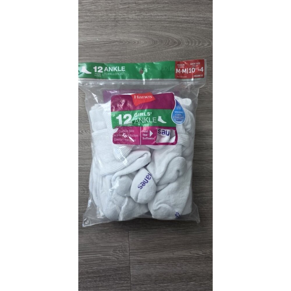 Hanes Girls 11 Pairs White Ankle Socks Size M 10.5-4‎ Cushioned